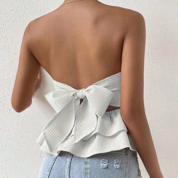 White Womens Frenchy Bow Back Ruffle Hem Tube Top - Picture 2 of 4